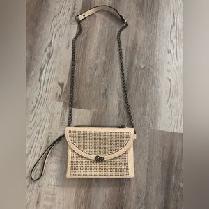 Beige faux leather/chain crossbody.